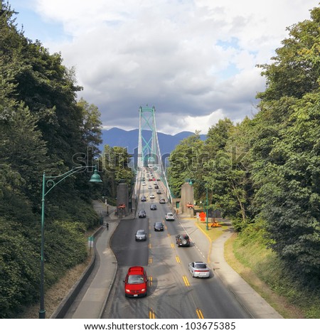View of Lions Gate bridge at Stanley park in city Vancouver, British Columbia, Canada