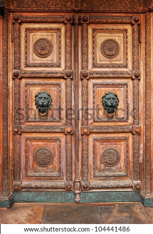 Old wooden door of the Historical museum on the Red Square, Moscow, Russia