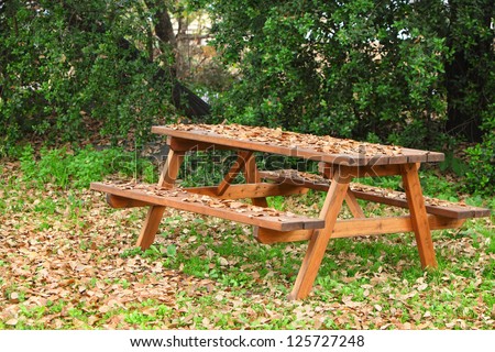 Wooden table and benches under dry fallen leaves in the garden