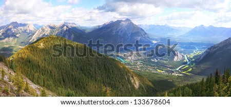 Panoramic view of a Bow river valley and Rocky Mountains. Banff National Park. Alberta. Canada