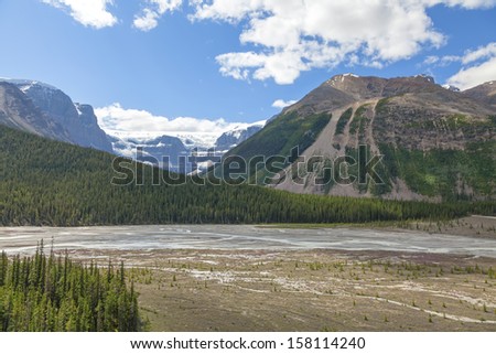 Rocky mountains covered with coniferous forest and river currents in a valley between mountain wood in Banff National Park (Alberta, Canada)