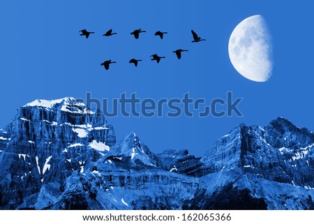 Flying Geese Over Mountain On The Moon Background