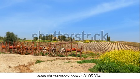 Rural spring panoramic landscape - arable land, sleeping vineyards and meliorative system's components. Israel