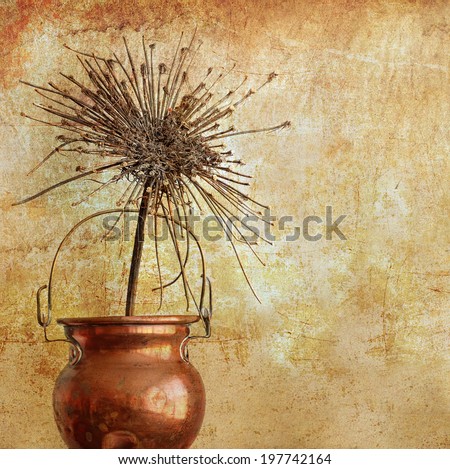 Textured old paper background with the dry flower of wild carrots and cooper pot