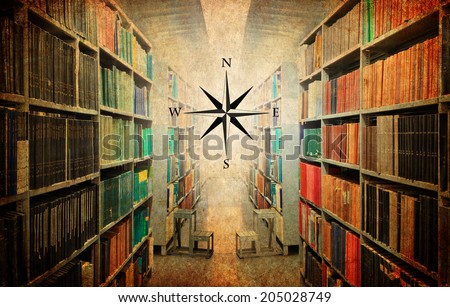 Textured old vintage paper style background with old library and wind rose