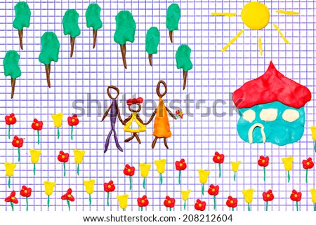 Children\'s flat molding on white squared paper sheet background (Happy family on a blossoming meadow near the own house - objects are executed from color plasticine)