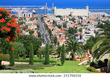 Bahai gardens on the slopes of the Carmel Mountain and view of the Mediterranean Sea, Haifa city and harbor, Israel