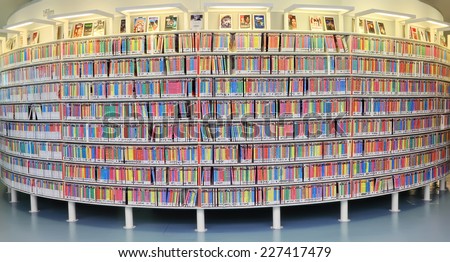 AMSTERDAM, NETHERLANDS - OCTOBER 09: Shelves with video disks in Central Public Library of Amsterdam on October 09, 2014. The library is the biggest of all public libraries of the Netherlands
