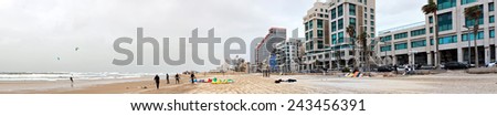 TEL AVIV,ISRAEL,JANUARY,10 : Storm by the Mediterranean, seaside and wind surfing panoramic view of Tel-Aviv. Mediterranean sea, Israel on January 10, 2015