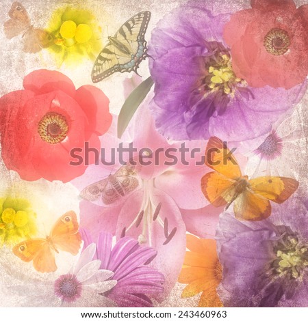 Textured old paper blurry background with beautiful flowers and butterflies in magic light. Flower texture abstract background. Nature abstract background