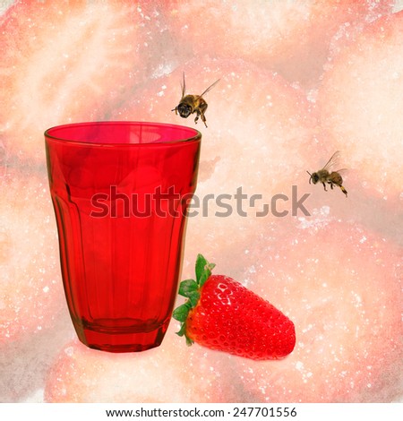 Red glass, honey bees and only ripe strawberry on strawberry sliced by sugar background
