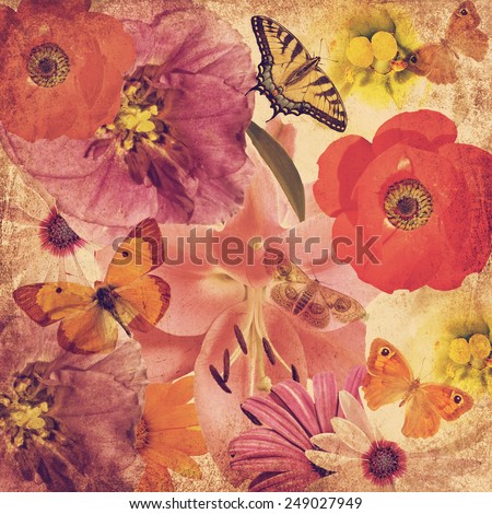 Textured old paper blurry background with beautiful flowers and butterflies in magic light. Flower texture abstract background. Nature abstract background
