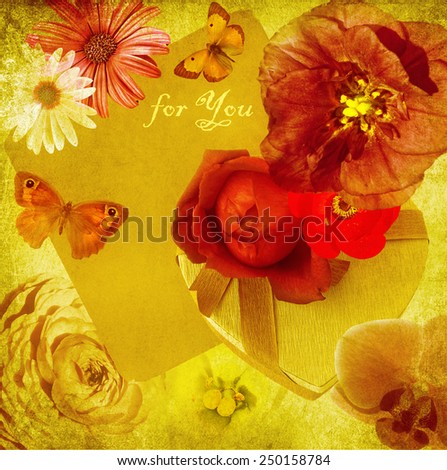 Textured old paper blurry background with beautiful flowers, butterflies and Heart shape gift box in soft focus magic light. Flower texture abstract background. Nature gift  abstract background