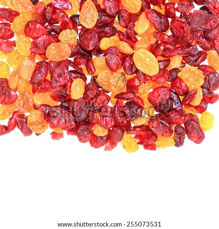 Raisin and cranberry mixed dried fruits on a white background