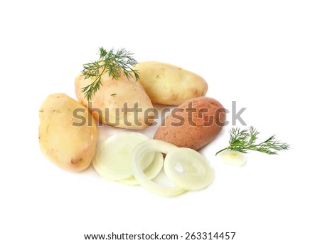 Potatoes cooked (boiled) in a peel with sliced onion and dill on a white background