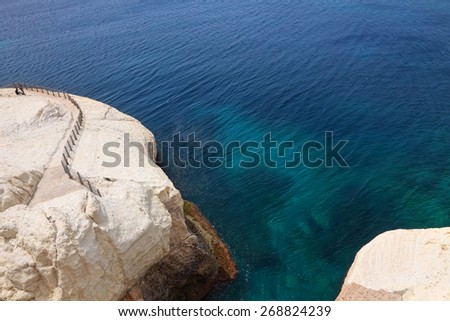 A view from cliff top on the Mediterranean Sea - Israel sea border and Lebanon. Popular tourist site of sea grottoes Rosh Hanikra, Mediterranean, Israel
