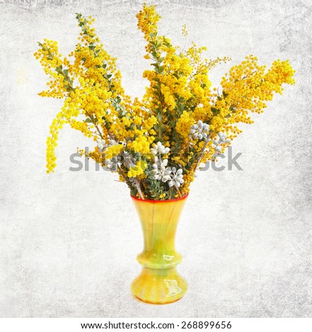 Old paper texture with mimosa flowers in yellow vase. Blossoming branches of mimosa (Acacia) and eucalyptus tree - bouquet of exotic plants in a yellow vase. Aged textured image