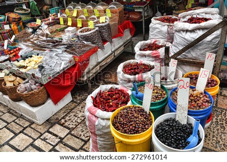 ACRE,ISRAEL - APRIL 05, 2015: East Arab market of old City of Acre (Akko) offers variety of the middle east products and traditional spices,herbs and olives of the Mediterranean.
