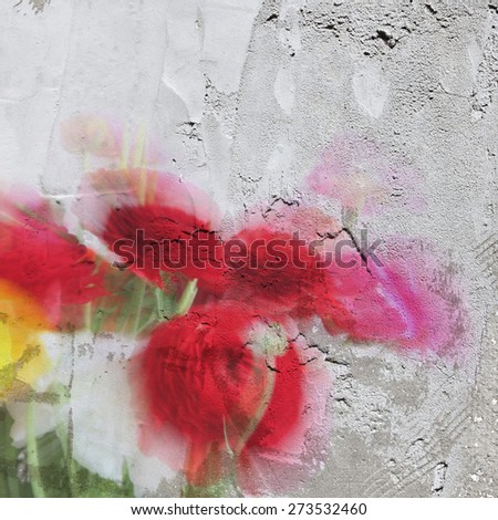 Grunge plaster wall background with blurred flowers. Flower and stone wall abstract background