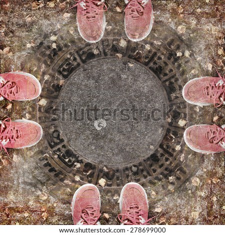Sewer manhole of autumn urban road and feet in red shoes. Image done on textured old paper background