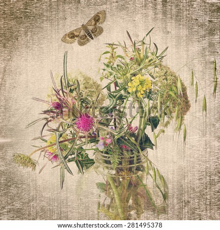 Wild flowers and herbs in glass jar. Wild herbs composition with butterfly on textured old paper background. Vintage style.