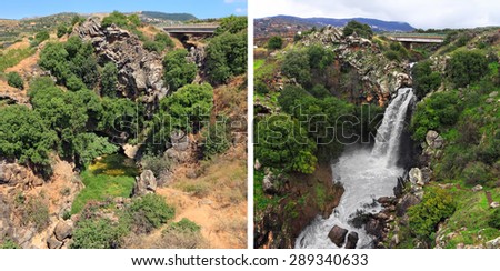 Waterfalls landscape of the Golan heights.  Saar Waterfalls in the summer and winter seasons. North of Israel