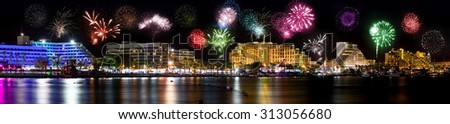 Celebratory fireworks at coast of Eilat (Red sea. Israel)