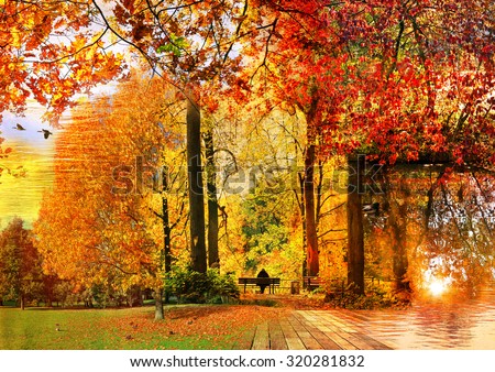 Autumn magic fantasy landscape. Autumn landscapes textured collage