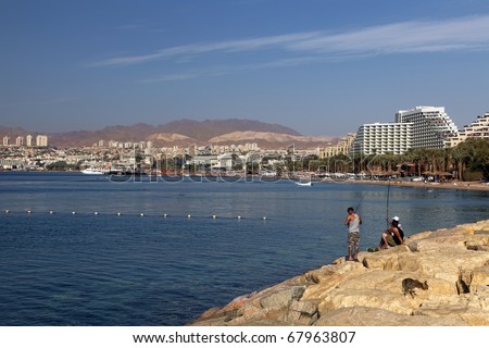 View on Eilat city with fishermen and cat (Red sea. Israel)