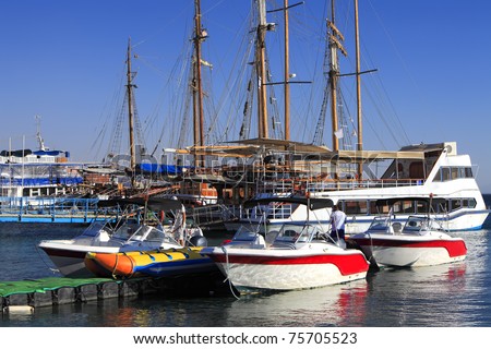 Yachts and boats in marina of Eilat (Red sea. Israel)