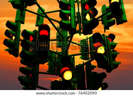 Last traffic light in Eilat (Israel) on the colorful sunset background. Eilat is a city without traffic lights. Instead of them - the squares. And it is a photo of the last traffic light of a city.