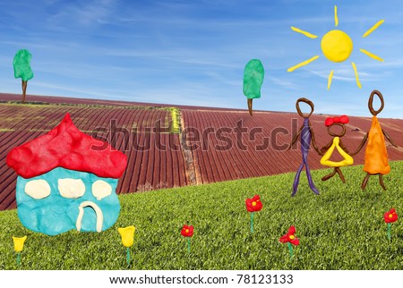 Happy family going among color flowers and trees in a sunny day to the new house on the plowed field and the blue sky background (objects are executed from color plasticine)
