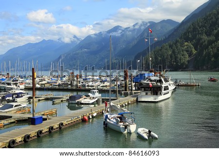 Mooring for the ships, yachts and walking boats and the mountains covered with wood, in the distance (Vancouver. Canada)