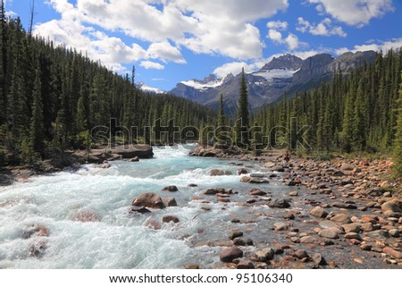 Rocky mountains and river with a rapids current in a valley between mountain wood in Banff National Park (Alberta, Canada)