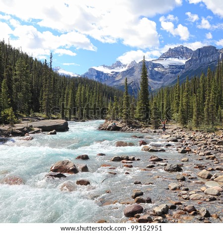 Rocky mountains and river with a rapids flowing in a valley between mountain wood in Jasper National Park (Alberta, Canada)
