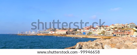 Panoramic view on the Old Yafo city\'s coast .Mediterranean sea. Israel