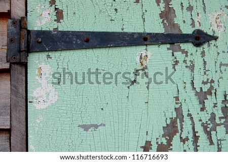 A black hinge on a wooden green door