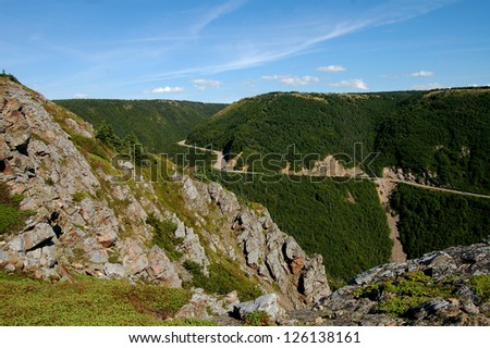 A view of French Mountain on the Cabot Trail from Skyline Trail in Cape Breton Highlands National Park, Nova Scotia, Canada.