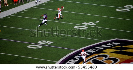 BALTIMORE - SEPTEMBER 21: Brandon McDonald (22) of the Cleveland Browns makes a catch over Derrick Mason (85) of the Baltimore Ravens during a game in Baltimore on September 21, 2008.