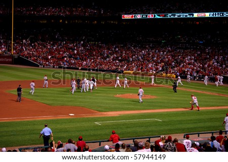 ST. LOUIS - SEPTEMBER 27: Benches empty, but no brawl breaks out in a game between the St. Louis Cardinals and Cincinnati Reds at new Busch Stadium September 27, 2008 in St. Louis, MO