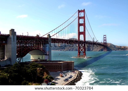 The Golden Gate Bridge, Fort Point and the Fort Point Lighthouse at the entrance to San Francisco Bay in California