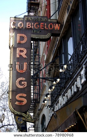 NEW YORK - APRIL 6: Sign for CO Bigelow Pharmacy shown here on April 6, 2011 in the West Village section of New York City, NY. It is the oldest apothecary in America, founded in 1838.