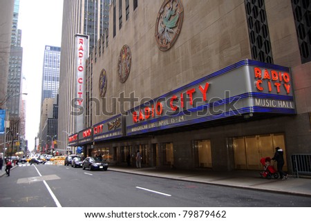 NEW YORK - APRIL 7: Radio City Music Hall, home to the Rockettes, is shown here on April 7, 2011 in New York City, NY. Founded during the Great Depression and is is the largest indoor theatre in the world.