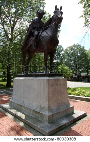 MORRISTOWN, NJ - JUNE 26: This statue of George Washington on his horse, shown here on June 26, 2011, is located in Morristown, NJ. His headquarters were here in 1777, '79 and '80 at the Ford Mansion.