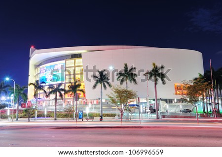 MIAMI, FL - FEB 7: American Airlines Arena at night on February 7, 2012 in Miami, Florida. It is home to the Miami Heat with 2105 seats and has the Florida\'s largest theater The Waterfront Theater.