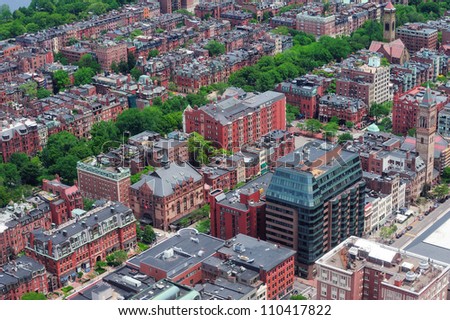 Boston downtown aerial view with historical architecture, street and city skyline.