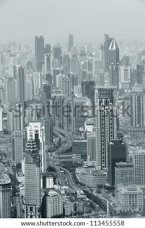 Shanghai urban city aerial view with skyscrapers in black and white