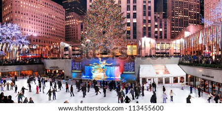 NEW YORK CITY, NY -DEC 30: Rockefeller Center skating rink at night on December 30, 2011, New York City. It was built by the Rockefeller family in 1939 and declared National Historic Landmark in 1987.
