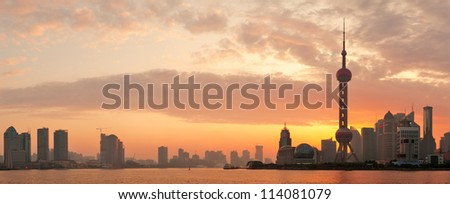 Shanghai morning city skyline silhouette panorama over river