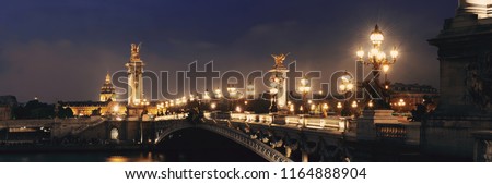 Alexandre III bridge night view panorama with Napoleon\'s tomb in Paris, France.